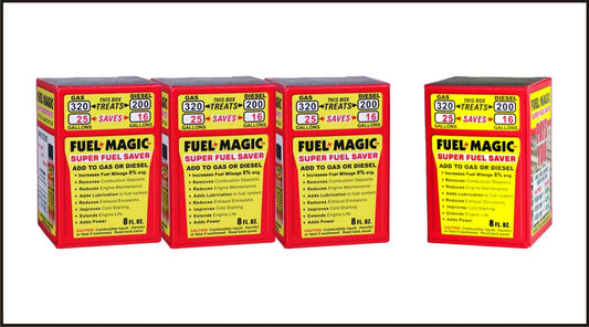 Four boxes of Fuel Magic will save on average 100 gallons of gas or 64 gallons of diesel fuel.